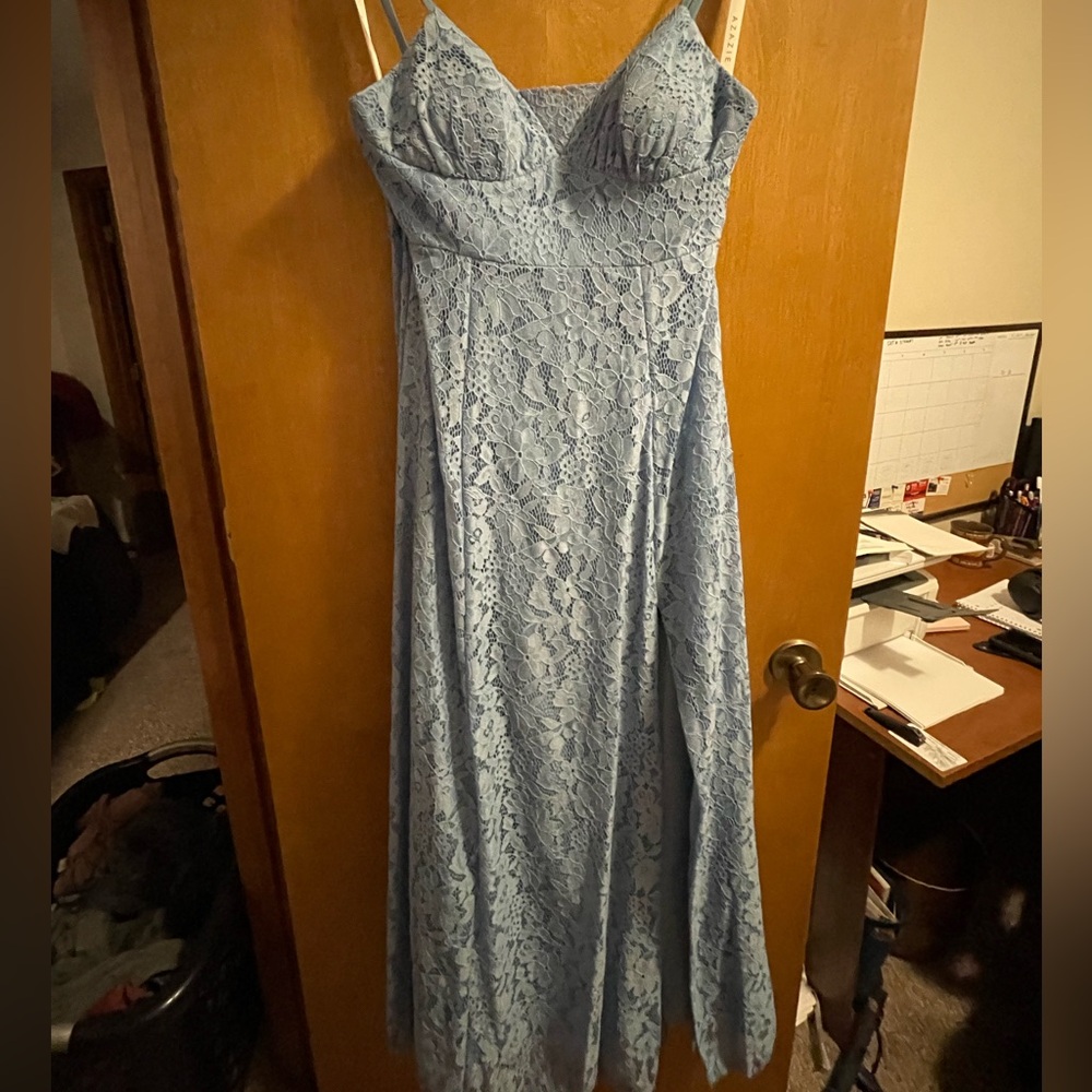 Azazie Light Blue Floor Length Lace Dress